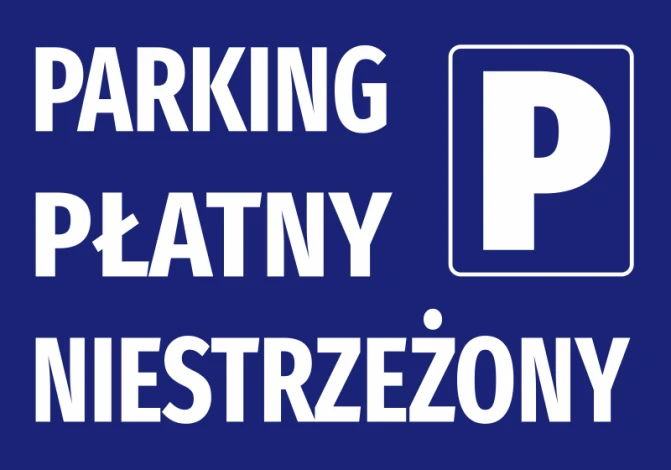Paid unguarded parking sticker - Graphic design. White letters on a blue background with a P symbol next to the text.