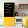 Custom chalkboard sticker for fridge - Kitchen decor. Yellow fridge in modern style, light furniture, and gray walls.
