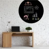 Round chalkboard, circular - Office setup. White walls, wooden furniture, minimalist style.