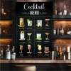Custom chalkboard with a bar design. Dark walls and wooden shelves with alcohol.