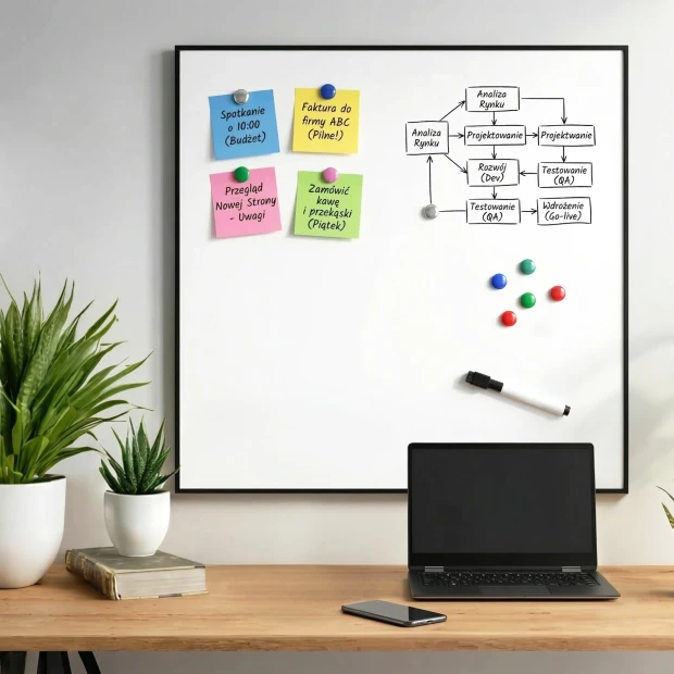 Custom dry-erase magnetic board in an aluminum frame - Office setup with light-colored walls, modern design.