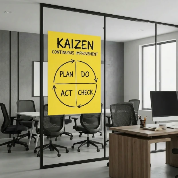 Dry-erase board for doors in various colors - Office setup with gray walls and modern furniture.