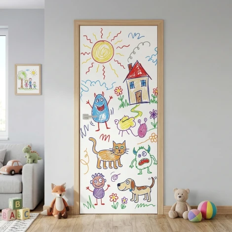 Dry-erase board for doors in various colors - Office setup with gray walls and wooden flooring.