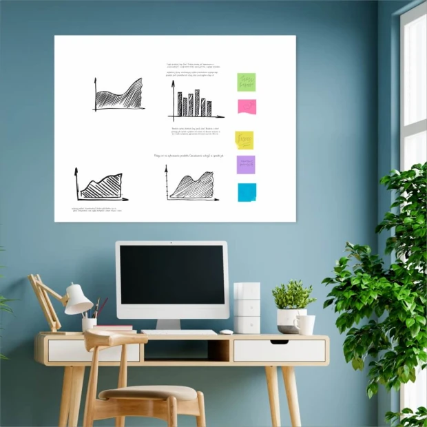 Custom dry-erase board - Office setup with blue walls, white desk, and a plant.