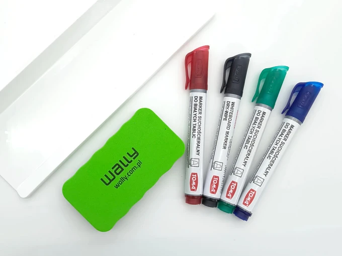 Whiteboard set - eraser, markers, shelf - Graphic design. Four markers in red color.