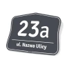 Address plaque with house number - Rectangular shape with rounded corners, dark background and white text.