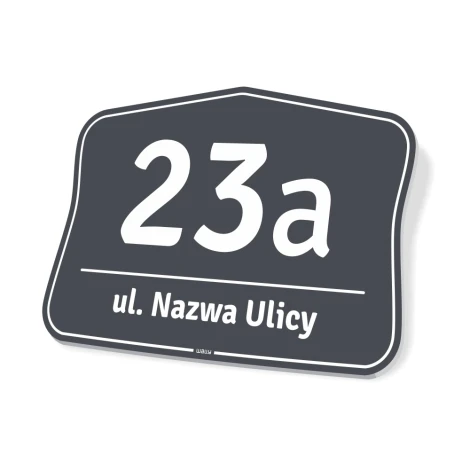 Address plaque with house number - Rectangular shape with rounded corners, dark background and white text.