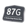 Address plaque with house number - Rectangular shape with rounded corners, dark gray background, white letters.