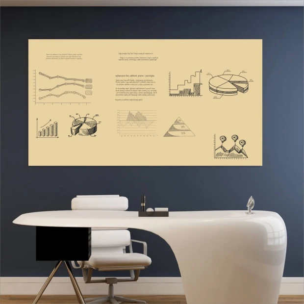 Custom dry-erase board - Office setup with dark walls and modern light-colored furniture.