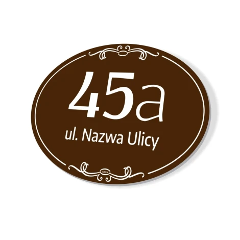 Address plaque, house number - Graphic design. Oval shape, brown background, white numbers and text. Subtle ornaments.