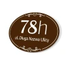 Address plaque, house number - Graphic design. Oval shape, brown background, white numbers and text.