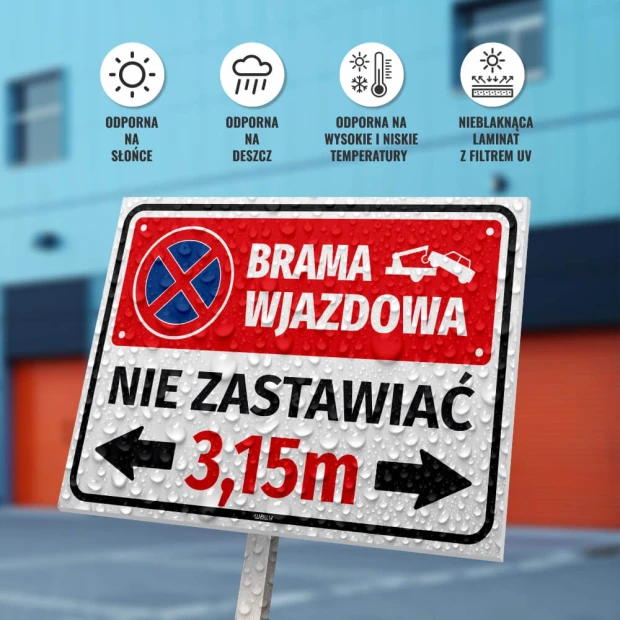 Entrance gate sign, do not block, with a field for gate width - Graphic design. Red background with white text.