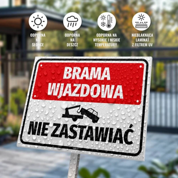 Driveway sign, do not block - Graphic design. Red background with white text and icons symbolizing resilience.