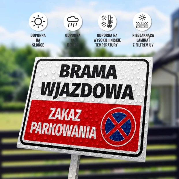 Entrance gate sign, no parking - Graphic design. Rectangular sign with red background and white letters.