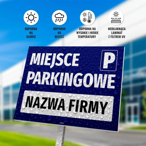 Parking sign with space for company name - Graphic design. Blue background with white text and icons.