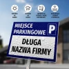 Parking space sign with a field for company name - Graphic design. Blue background with white text and icons.