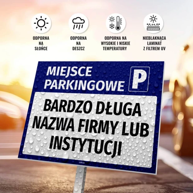 Parking sign with space for company name - Graphic design. Blue background with white text and P symbol.