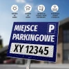 Parking sign with space for vehicle registration number - Graphic design. Blue background with white text.