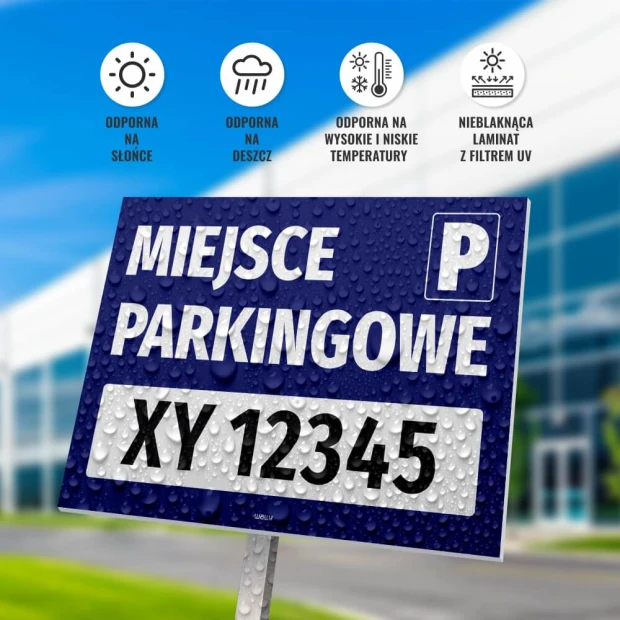 Parking sign with space for vehicle registration number - Graphic design. Blue background with white text and field.