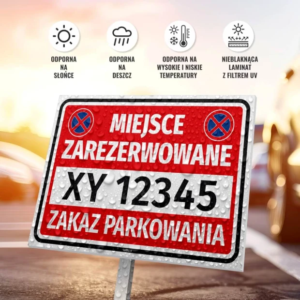 Reserved parking sign T619 with space for vehicle registration number - Graphic design. Red background.