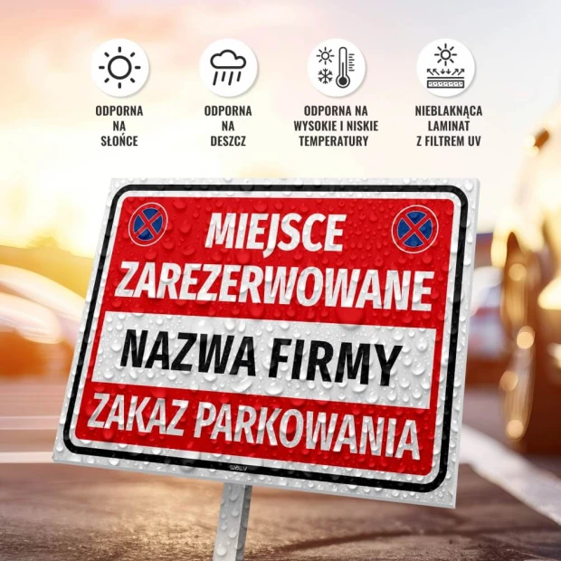 Reserved parking sign T675 with space for company name - Graphic design. Red background with white text.