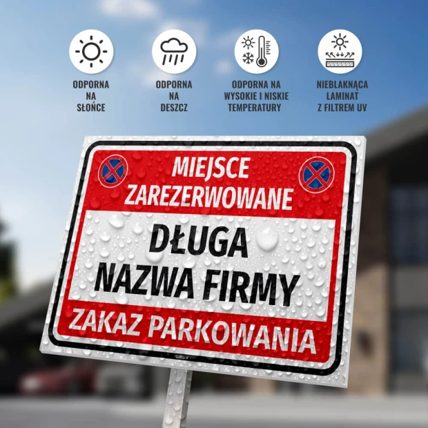 Reserved parking sign T675 with space for company name - Graphic design. Red background with white text.