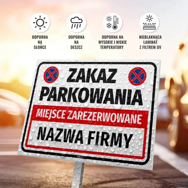 Reserved parking sign T677 with space for company name - graphic design. Red text on white background.