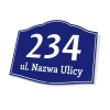 Rectangular house plaque with rounded corners, dark blue, featuring number and address - graphic design.