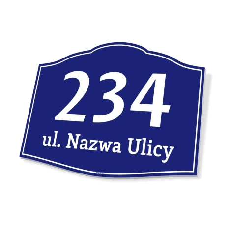 Rectangular house plaque with rounded corners, dark blue, featuring number and address - graphic design.