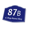House number and address plaque - Graphic design. Rectangular shape with rounded edges, dark blue background.
