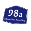 House plaque with number and address - Graphic design. Rectangular shape, navy blue with white lettering.