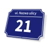 Address plaque with a blue background, white text, and large number. Rectangular design for home or property.