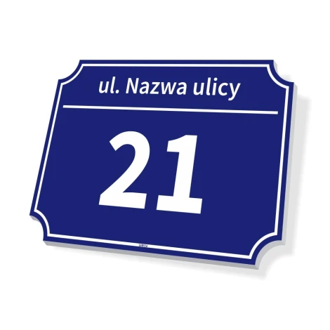 Address plaque with a blue background, white text, and large number. Rectangular design for home or property.