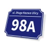 House number and address plaque - Graphic design. Rectangular plaque with a blue background and white numbers.