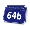 House number and address plaque - Graphic design. Simple rectangular shape with a blue background and white numbers.