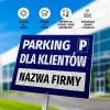 Parking sign for company clients with name field - Graphic design. Blue background, white letters, parking symbol.
