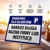 Parking sign for company clients with space for name - Rectangular design with blue background and white text.