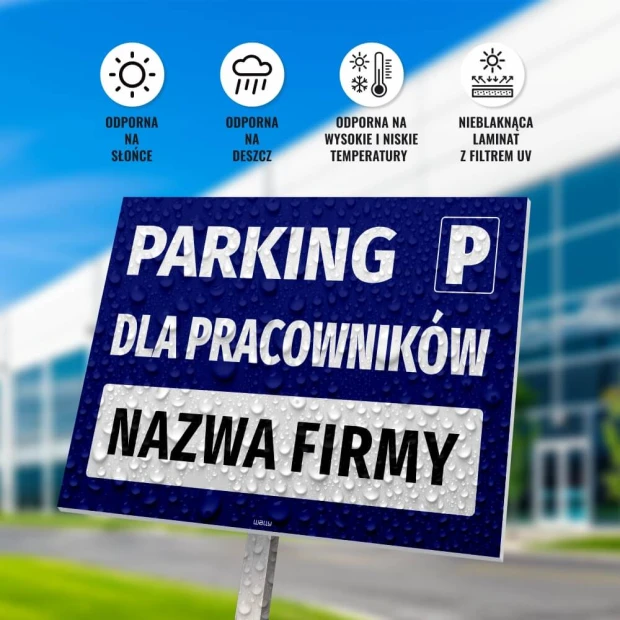 Parking sign for employees with name field - Rectangular design with blue background and white text.