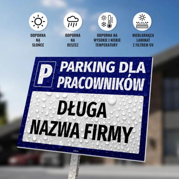 Employee Parking Sign with Name Field - Rectangular sign with blue background and white text.