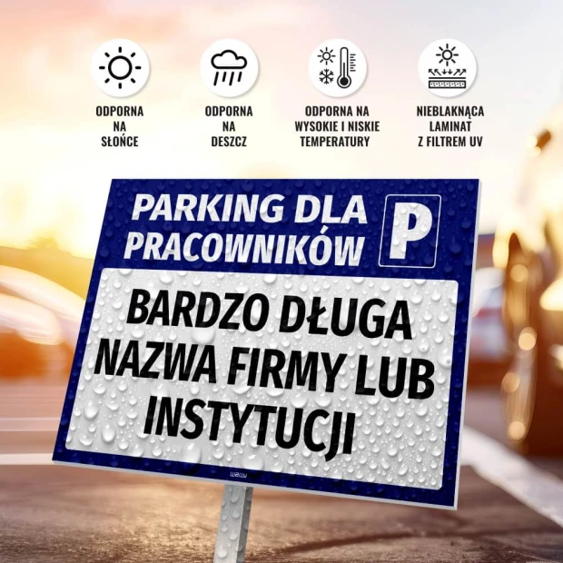 Parking sign for employees with name field - Graphic design. Blue background with white text and icons.