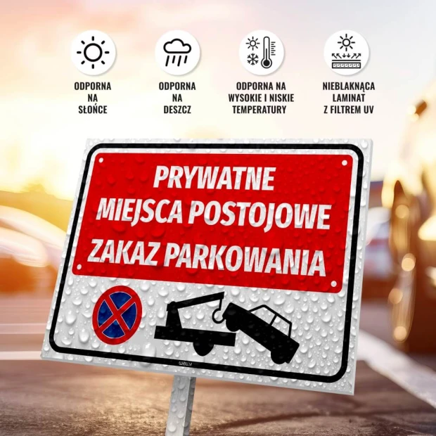 Private parking spots sign, no parking - Graphic design. Red background with white text and prohibition symbol.