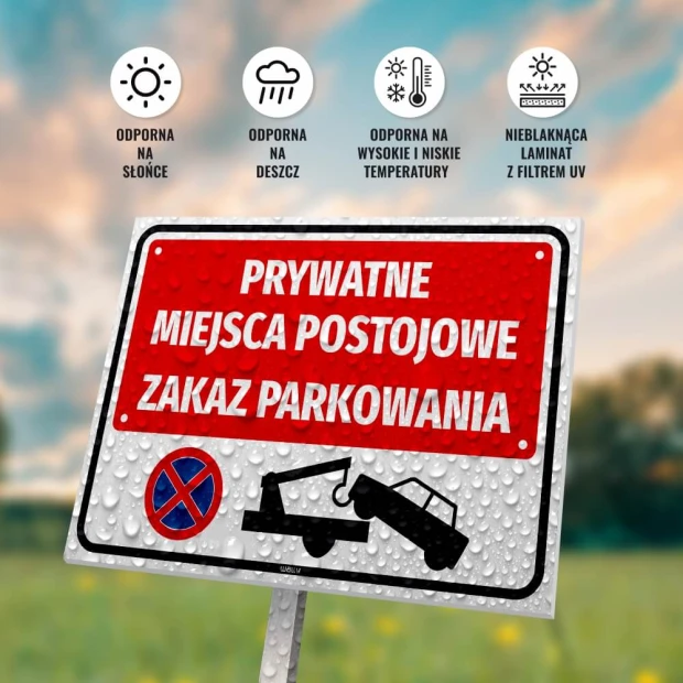 Private parking spaces sign, no parking - Graphic design. Red text on white background, prohibition symbol.