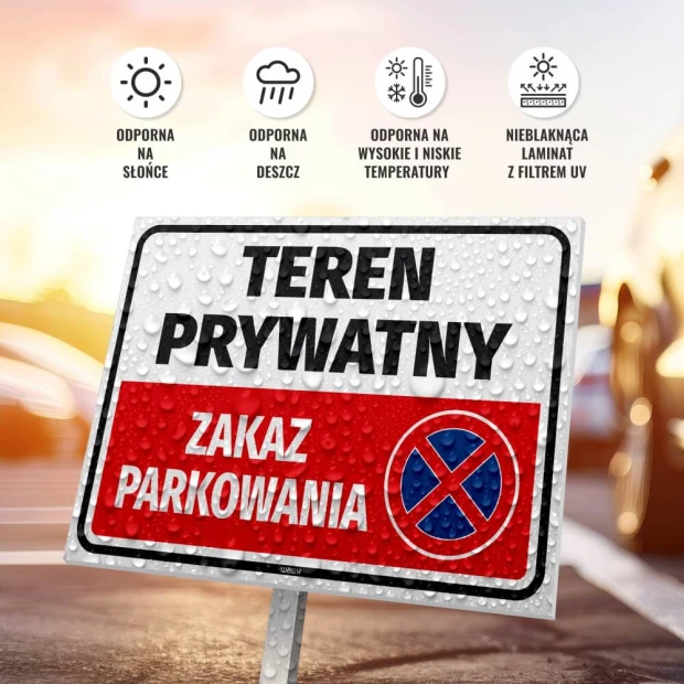 Private Property Sign, No Parking - Graphic Design. White sign with red background and blue prohibition symbol.