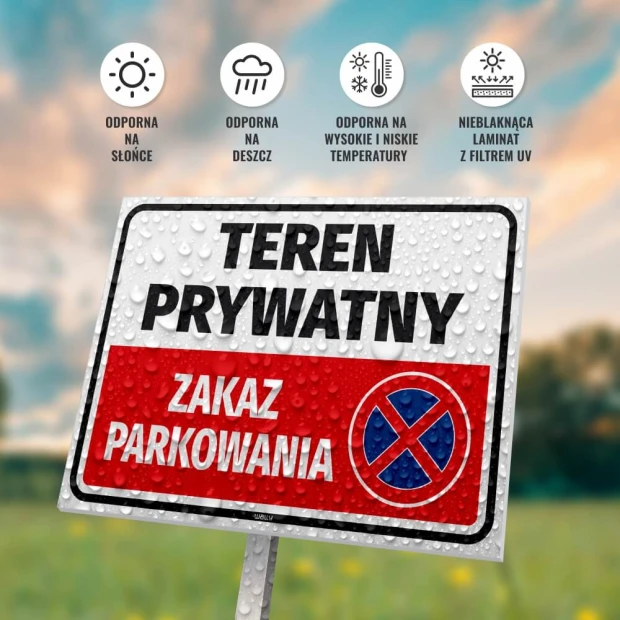 Private property sign, no parking - Graphic design. Rectangular sign with a white background and red text.
