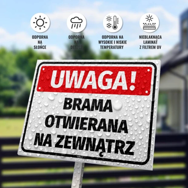 Caution sign: Gate opens outward - Graphic design. Red text on white background with water droplets on the surface.