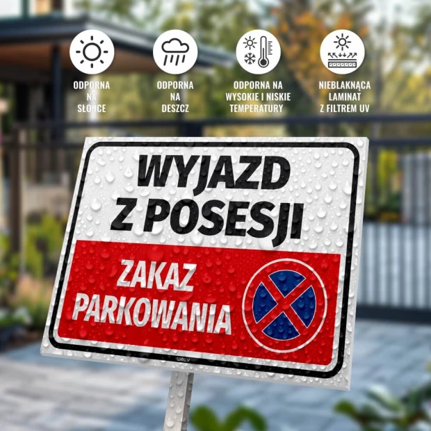 Exit property sign, no parking - Graphic design. Simple rectangle with red background, white text, and symbol.