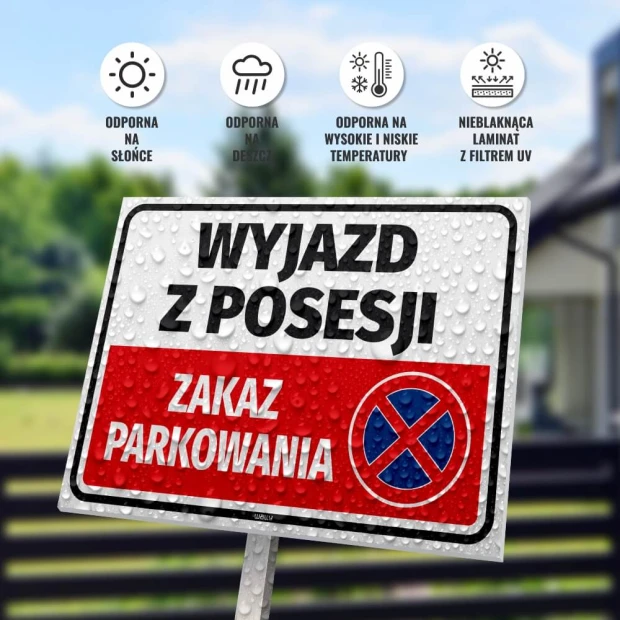 Exit from property sign, no parking - Graphic design. Rectangular sign with red and white background and symbol.