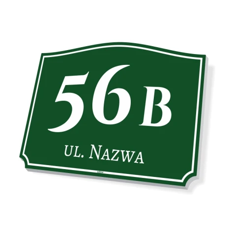 Address and house number plaque - Rectangular design with a green background and white lettering.