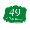 Address plaque with house number - Graphic design. Green plaque with white numbers and text. Rounded shape.