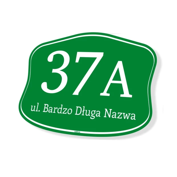 Green address plaque with white lettering and rounded edges. Suitable for home number display.
